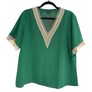 Shein Women’s Large Green Top Blouse Crochet V Neck